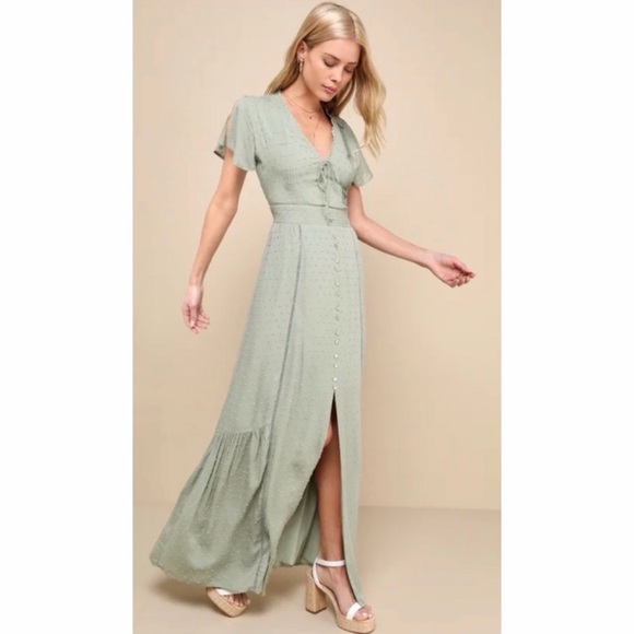 LULU’S • Sage Green Completely In Love Swiss Dot Button-Front Maxi Dress, S - Picture 2 of 16